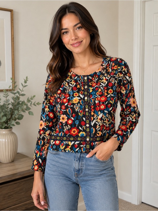 SHEIN Jackets & Blazers - SHEIN Black Multicolor Floral Patchwork Long Sleeve Blouse